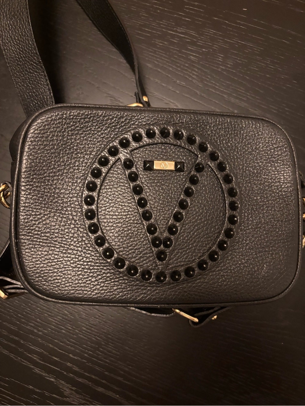 Mario Valentino Black Pebbled Leather Stud-Embellished Crossbody